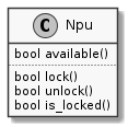 skinparam monochrome true
skinparam handwritten false
class Npu {
bool available()
..
bool lock()
bool unlock()
bool is_locked()
}
